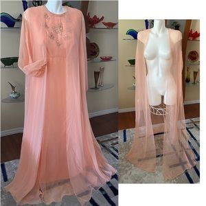 Vintage Miss Peach Butterfly Sheer Sleeves Vest M/L 60s-70s Maxi Dress Gown